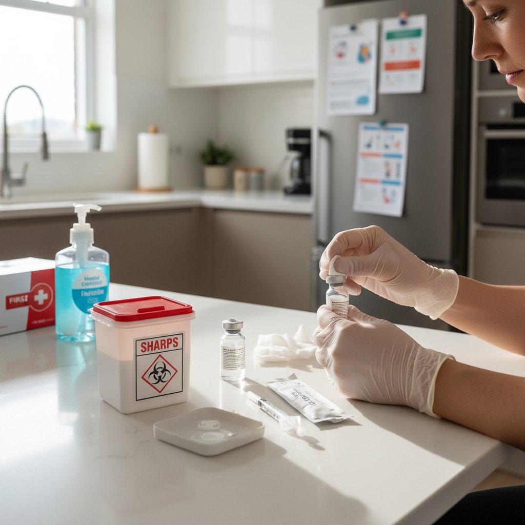 Osoba przygotowująca zastrzyk w domowych warunkach, skupienie na bezpieczeństwie