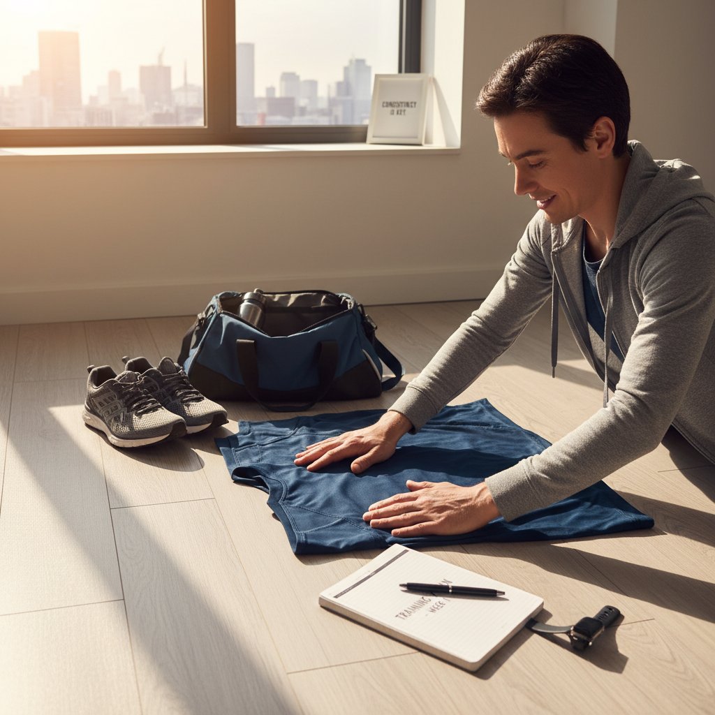 Osoba przygotowująca strój sportowy wieczorem, budowanie nawyku treningowego