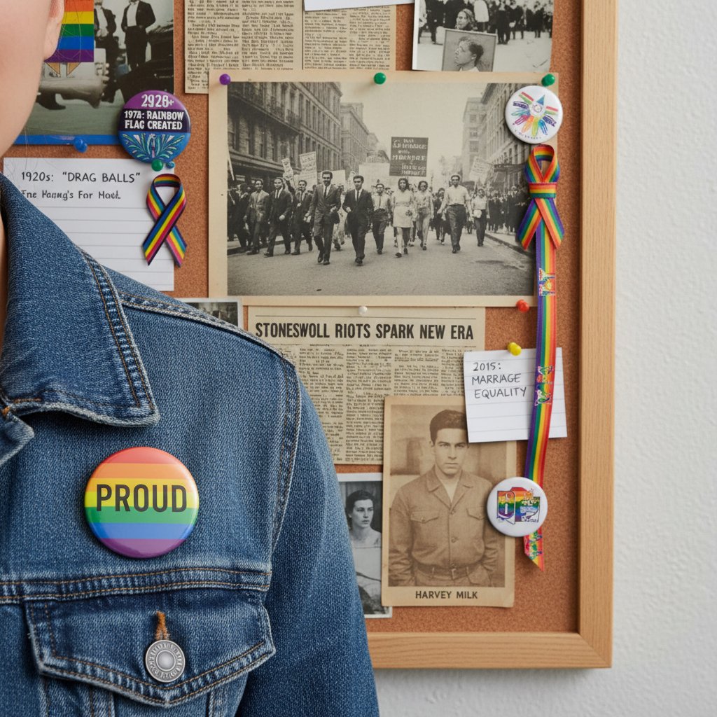 Osoba z tęczową przypinką na tle tablicy informacyjnej, historia widzialności