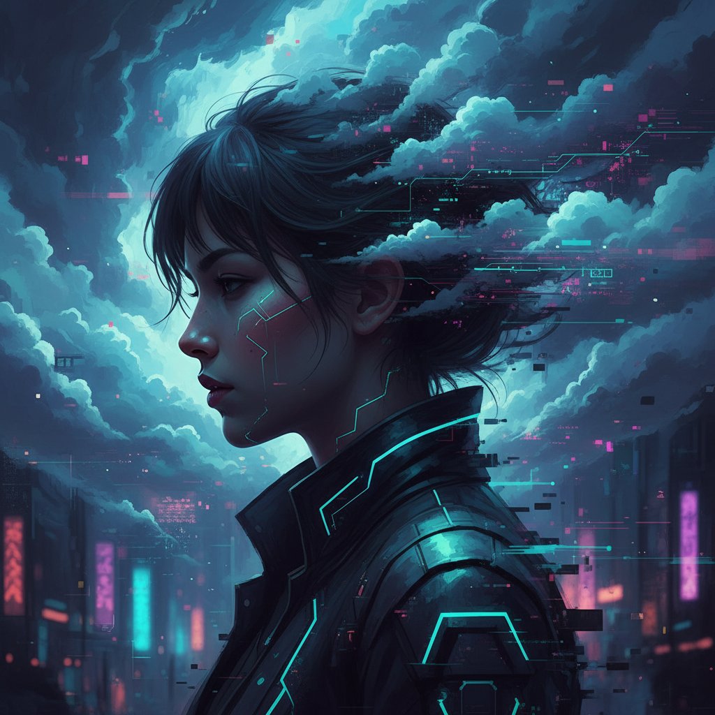 Sylwetka osoby z cyfrową burzą nad głową – odporność psychiczna online