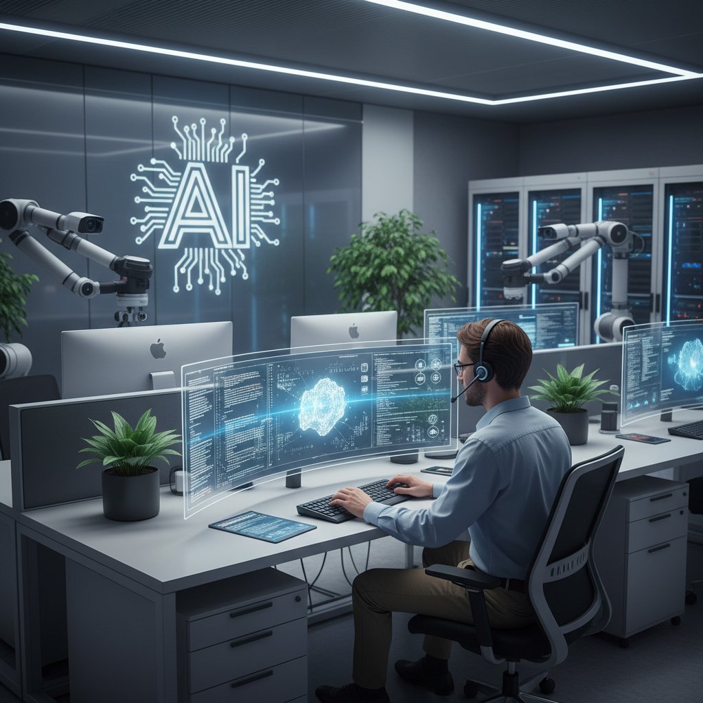 Osoba programująca AI na laptopie w nowoczesnym biurze, wizualizacja zaawansowanej technologii
