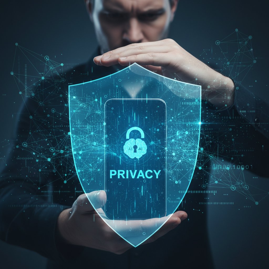 Mężczyzna chroniący ekran smartfona z widoczną ikoną bezpieczeństwa danych