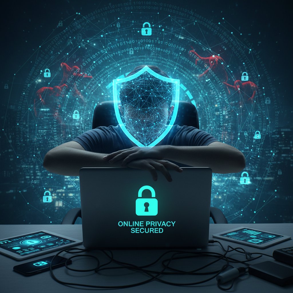 Osoba chroniąca laptopa przed wścibskimi spojrzeniami, wyraźny motyw bezpieczeństwa online