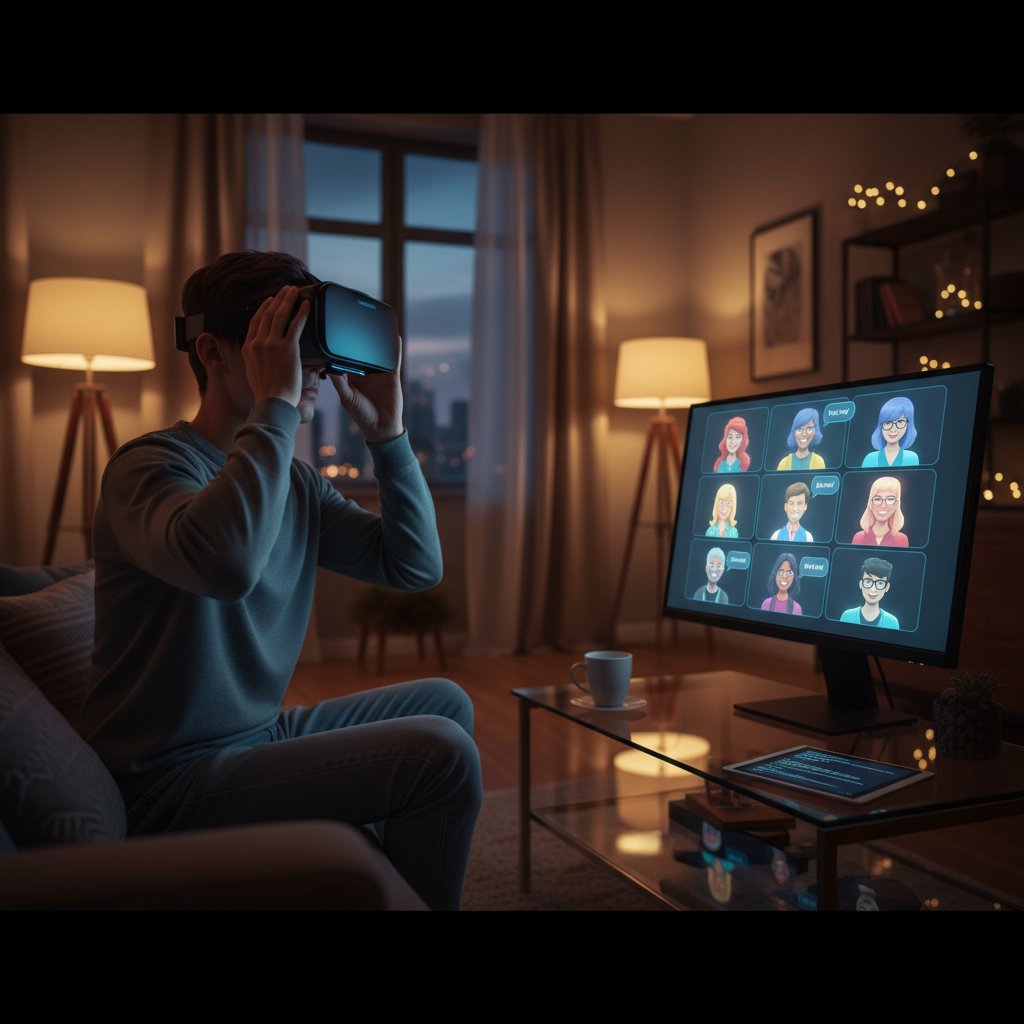 Zdjęcie osoby zakładającej gogle VR, rozmowa online w nowym wymiarze