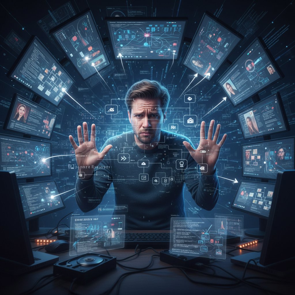 Photo of a person looking puzzled at multiple screens with similar recommendations, dark lighting, representing invisible algorithmic influence