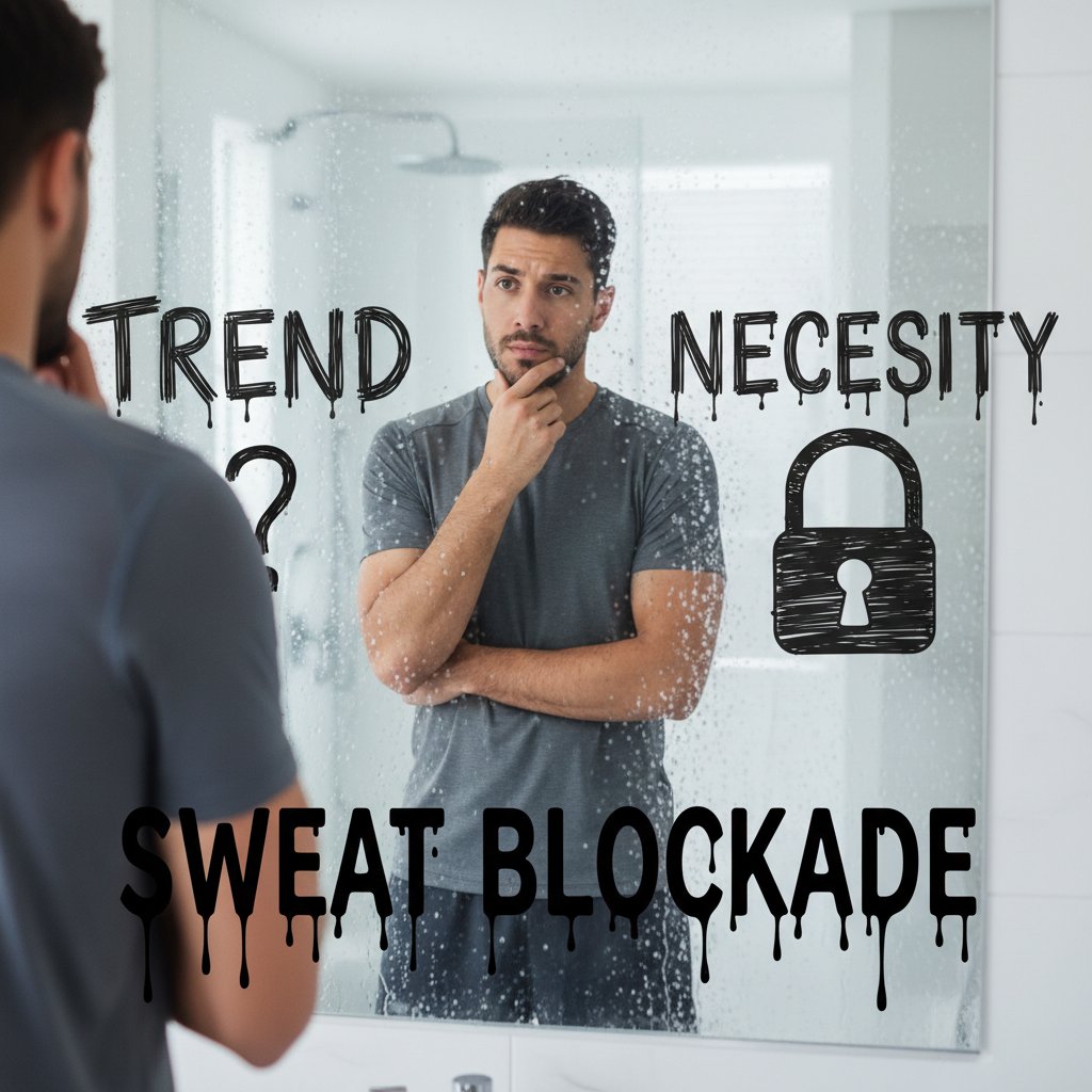 Zdjęcie osoby zadającej sobie pytanie w lustrze, czy blokada potliwości to moda czy konieczność