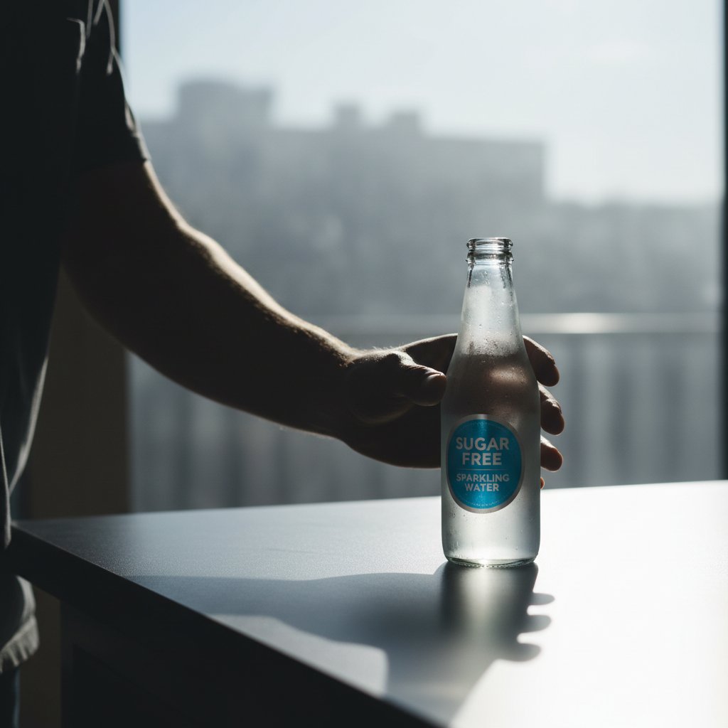 Osoba sięgająca po słodki napój w sklepie z napisem 'bez cukru', kontrastujące światło