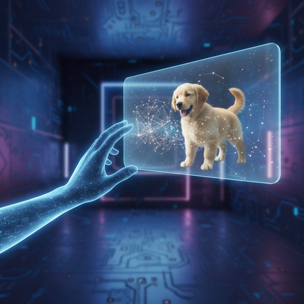 Osoba próbująca dotknąć wirtualnego psa – dystans emocjonalny i ryzyko uzależnienia od technologii