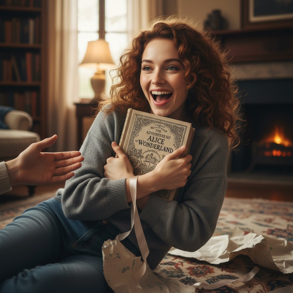 Zdjęcie naturalnej reakcji osoby obdarowanej książką: autentyczna radość lub zaskoczenie, scena domowa