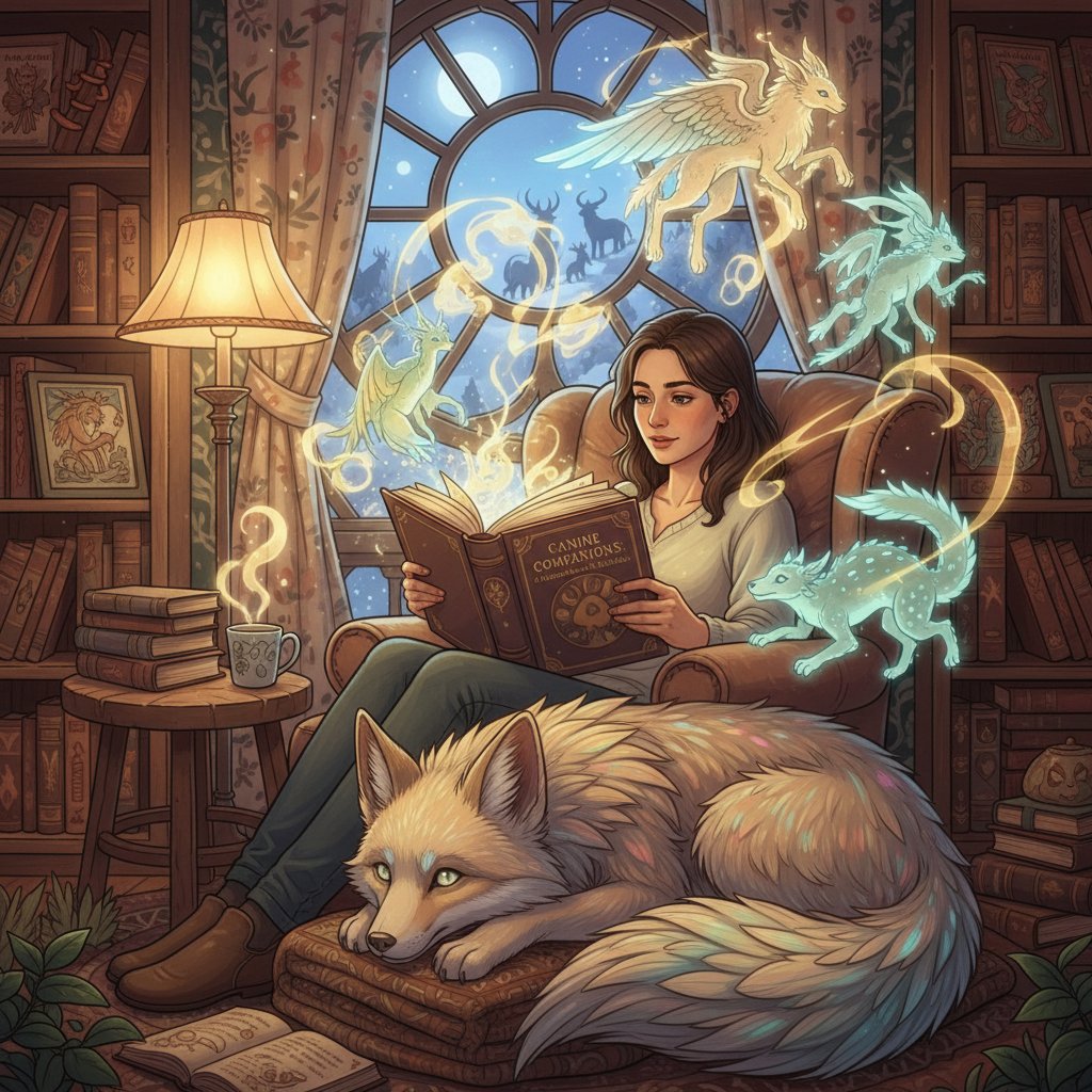 Osoba czytająca książkę o psach w przytulnym wnętrzu, słowa kluczowe: książka o psie, literatura, wyobraźnia, alternatywa