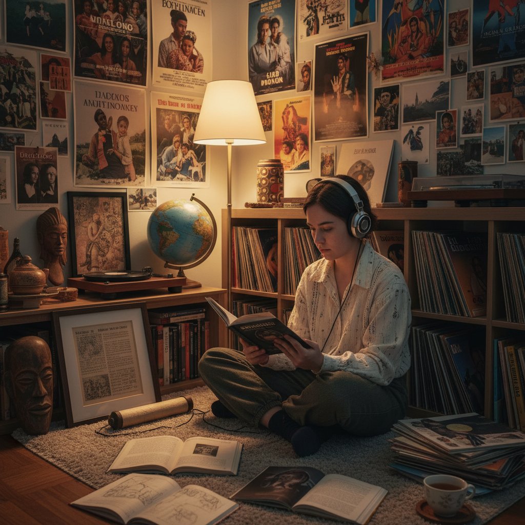 Photo of person reading a book with headphones on after watching a film, surrounded by records and movie posters, representing cultural discovery