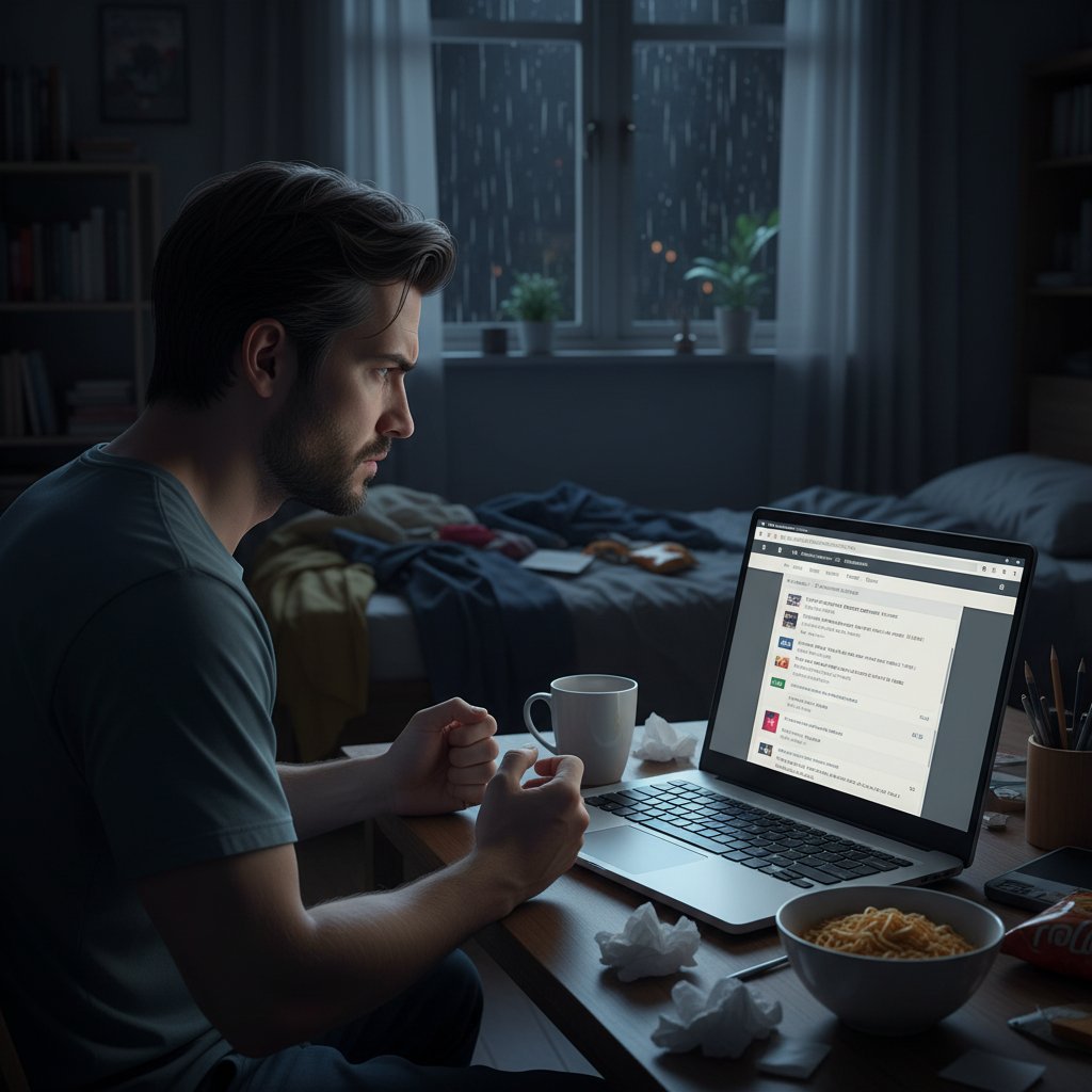 Zdjęcie przedstawiające osobę czytającą forum internetowe na temat snu nocą, wyraz twarzy zaniepokojony