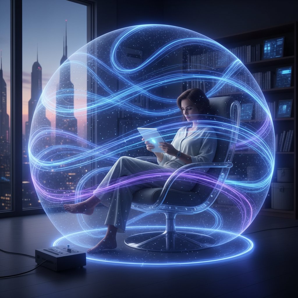 Osoba czytająca książkę otoczona subtelnymi liniami pola magnetycznego