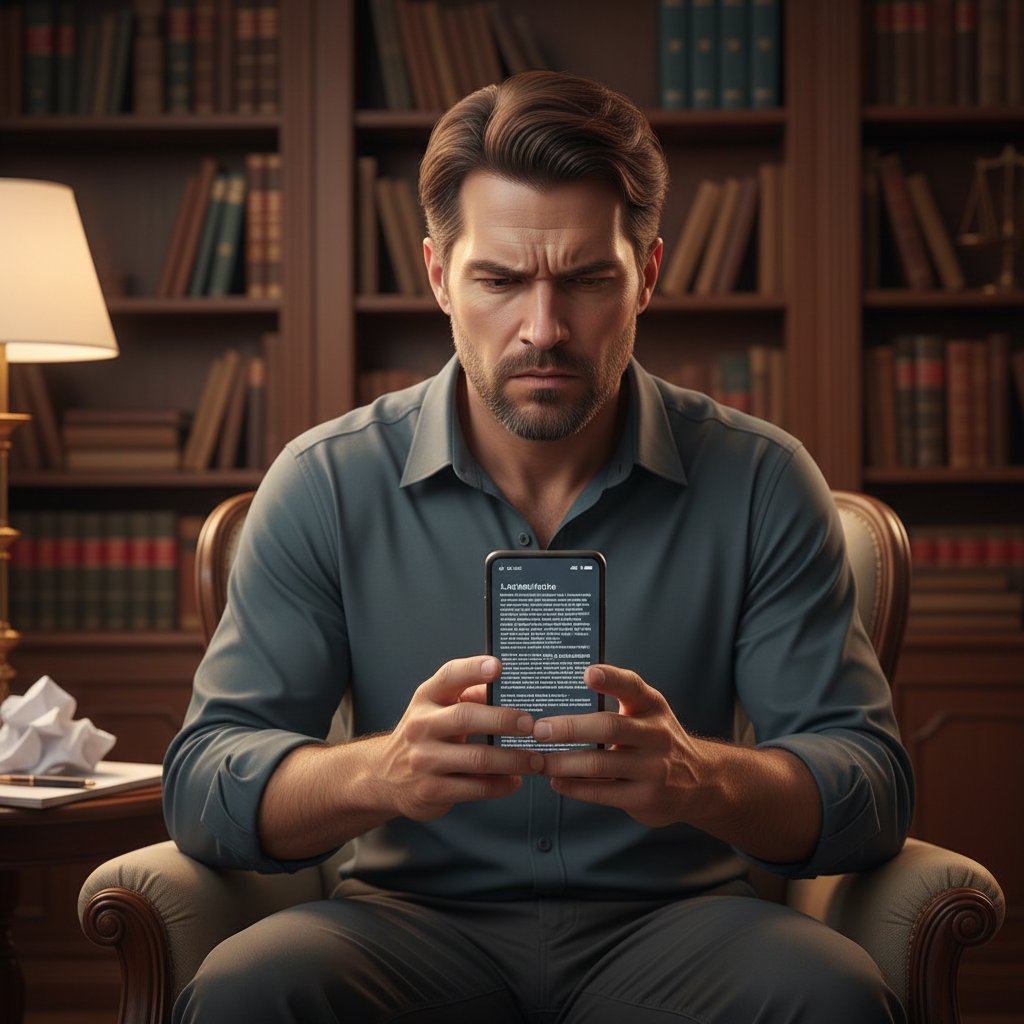 Osoba czytająca forum internetowe na smartfonie, z widocznym sceptycyzmem na twarzy, w otoczeniu notatek prawnych