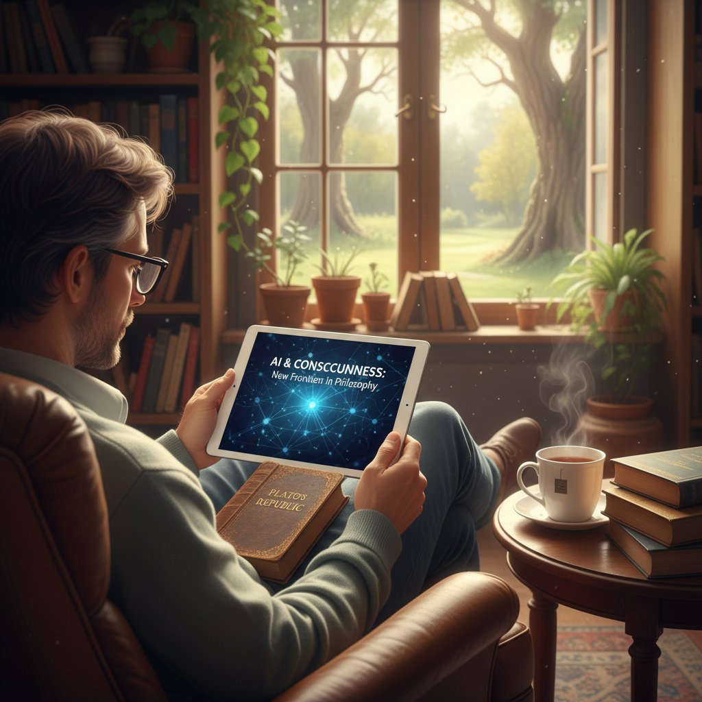 Osoba przeglądająca artykuły o AI na smartfonie, otwarta książka filozoficzna