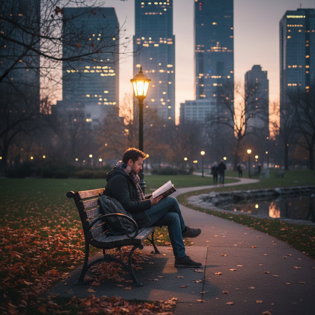 Osoba samotnie czytająca książkę na ławce w miejskim parku pod wieczór