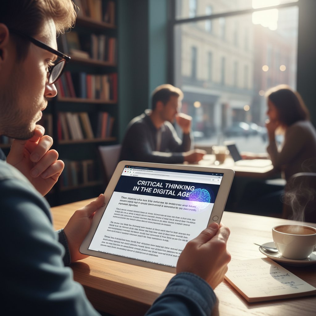 Osoba czytająca felieton na tablecie w kawiarni – symbol refleksji i krytycznego myślenia dzięki felietonom online