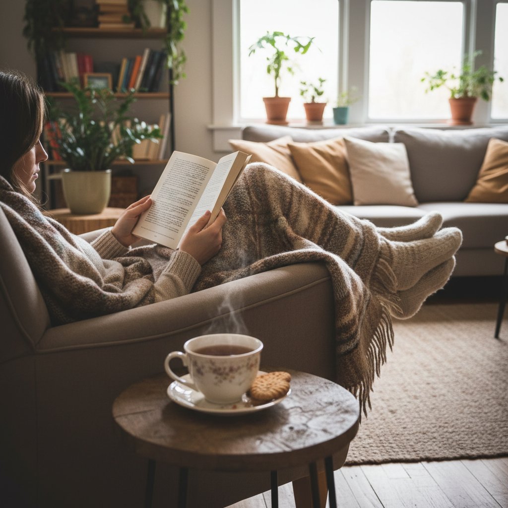 Osoba czytająca książkę przy filiżance herbaty, domowa atmosfera relaksu
