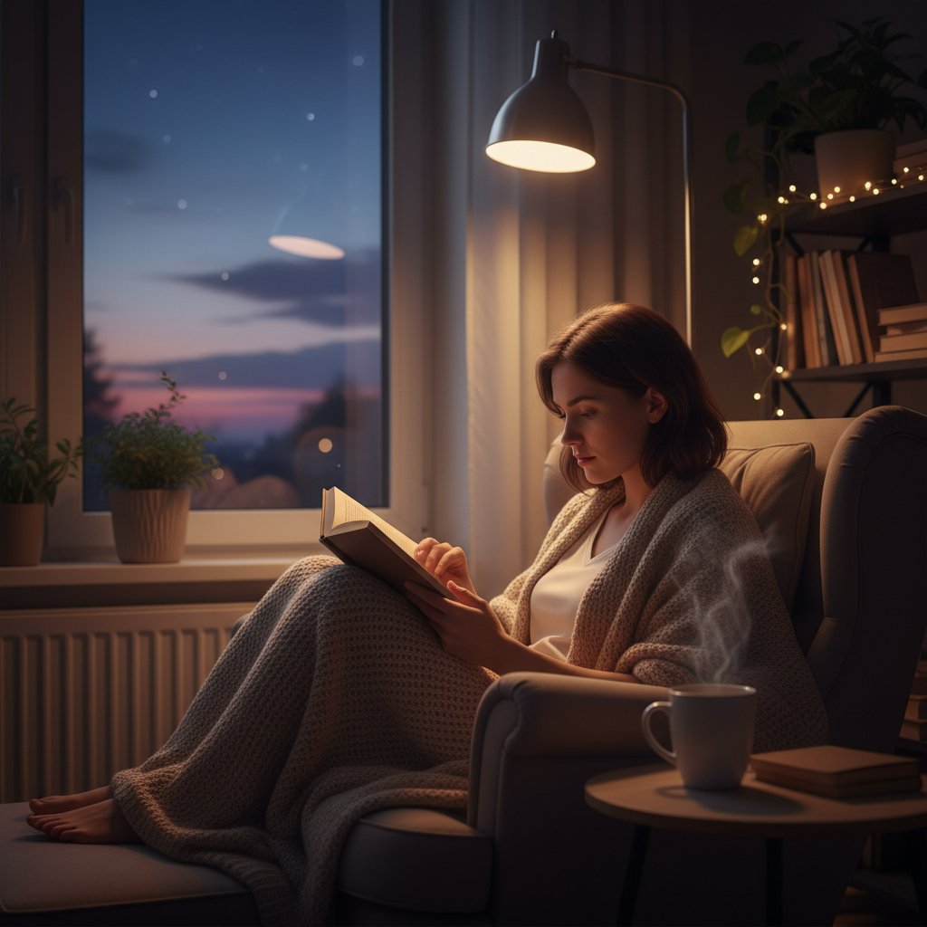 Osoba czytająca książkę przy oknie po ciężkim dniu pracy, psychiczny cool down