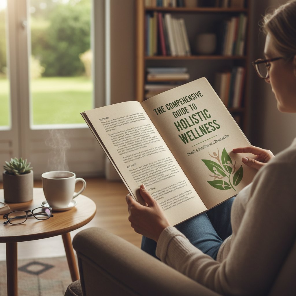 Zdjęcie osoby czytającej książkę na tle stosu poradników zdrowotnych — symbol świadomego wyboru informacji