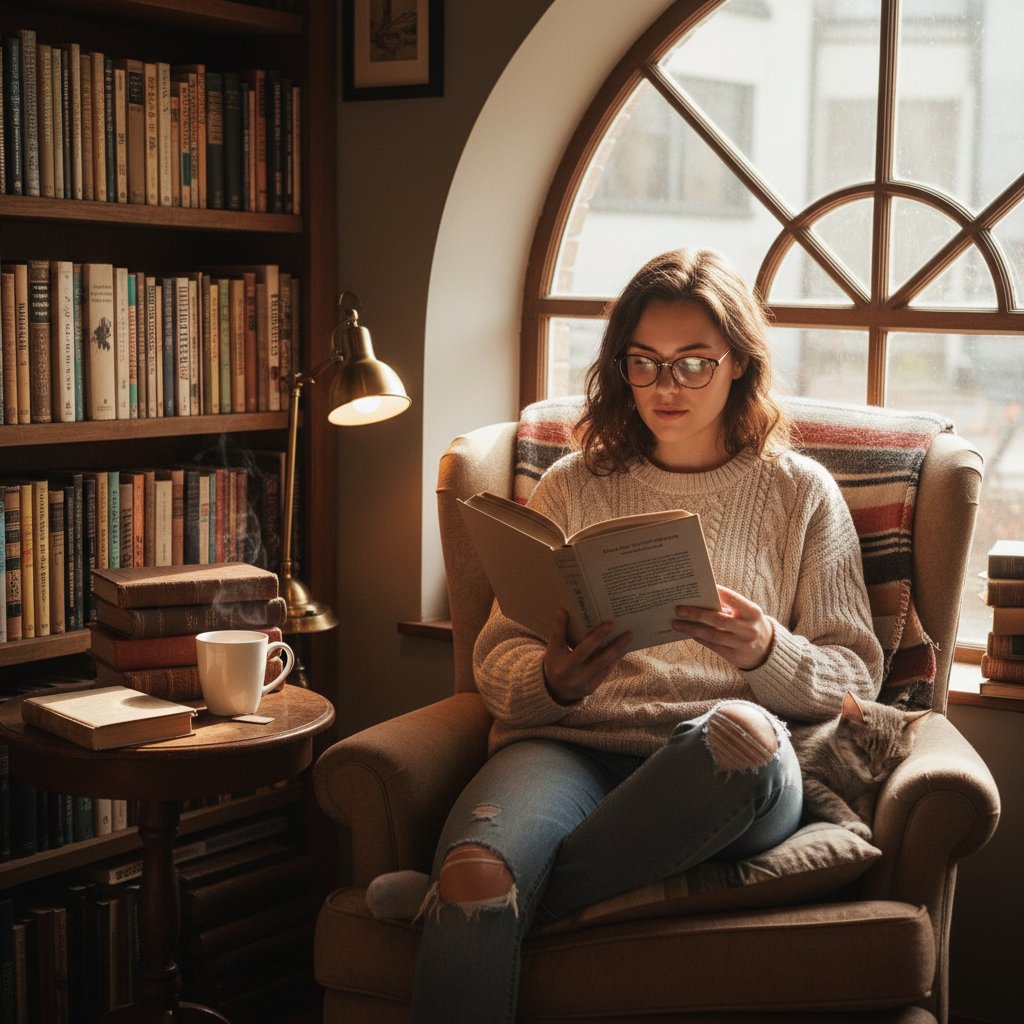Osoba czytająca fragment książki w przytulnym zakątku księgarni – proces wyboru lektury