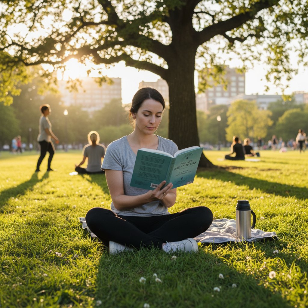 Osoba czytająca książkę o technikach oddechowych w parku, pogodne popołudnie