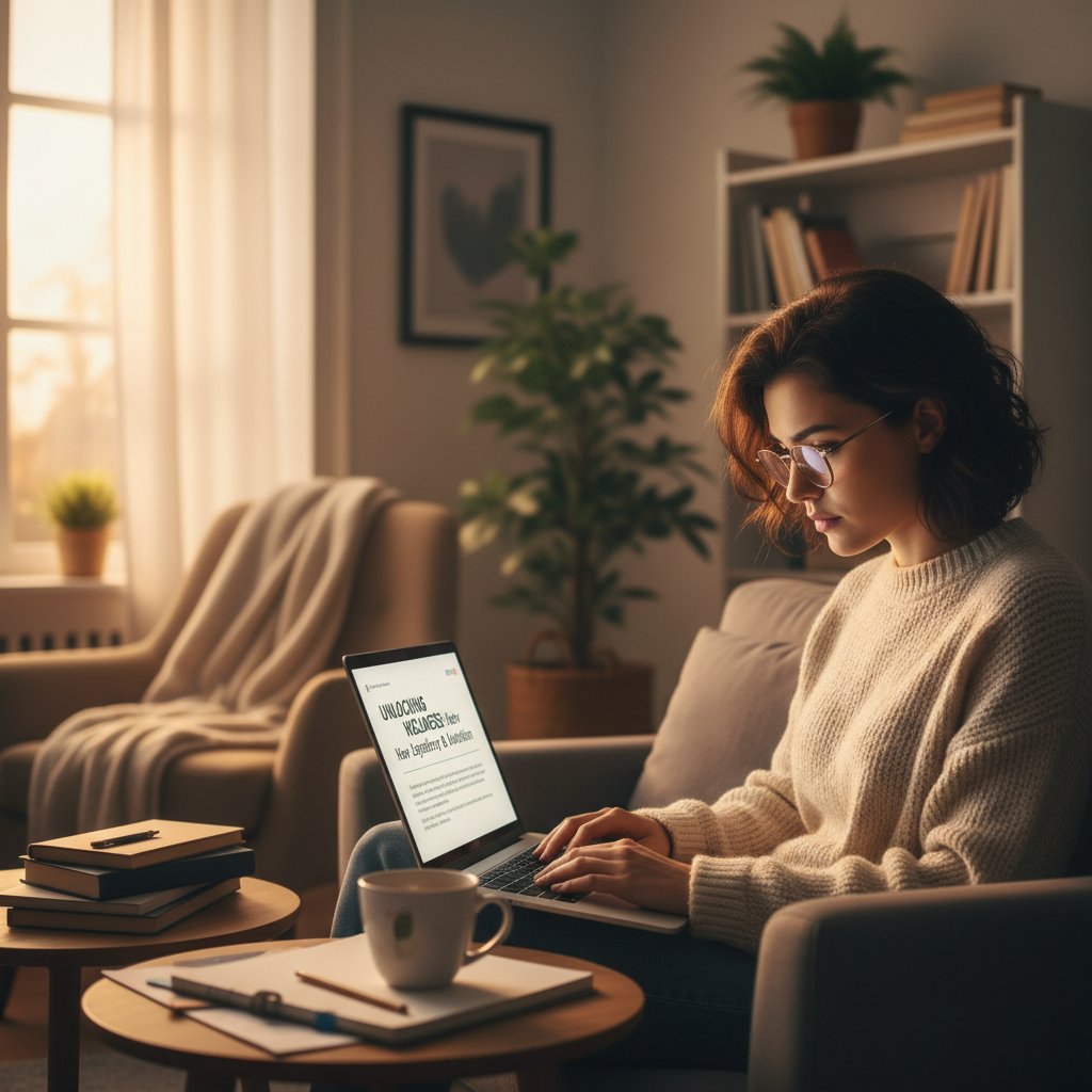 Osoba czytająca na laptopie artykuły zdrowotne, skupiona twarz, światło ekranu, wieczór