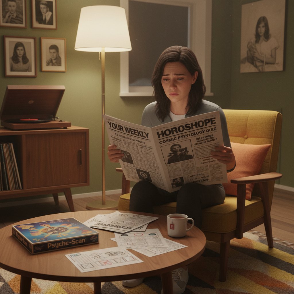 Osoba analizująca wydrukowany horoskop i test psychologiczny w nowoczesnym wnętrzu, z nutą nostalgii i rozczarowania