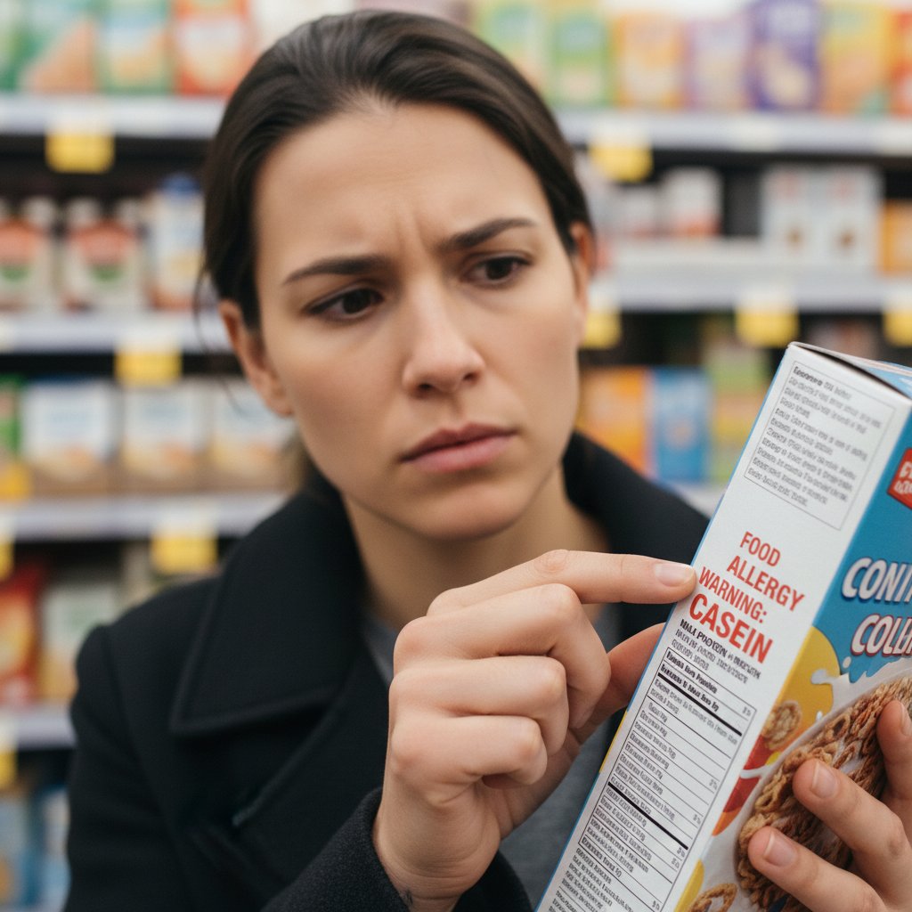 Osoba analizująca etykietę produktu spożywczego w sklepie – pułapki związane z kazeiną