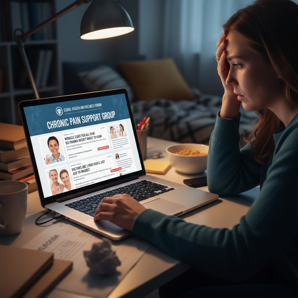 Zdjęcie osoby czytającej forum internetowe o zdrowiu na laptopie, dezinformacja, ból ramienia