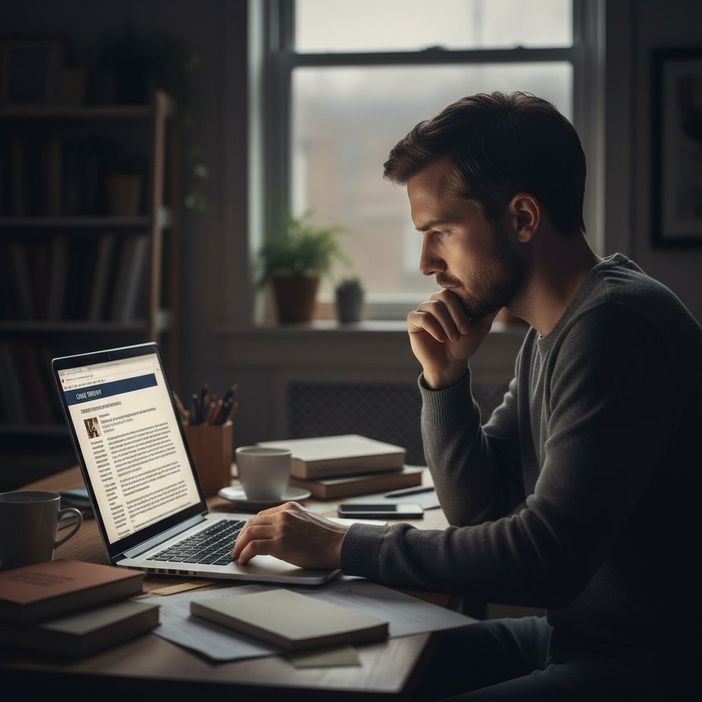 Osoba czyta artykuł medyczny na laptopie, zastanawia się nad decyzją o usunięciu migdałków