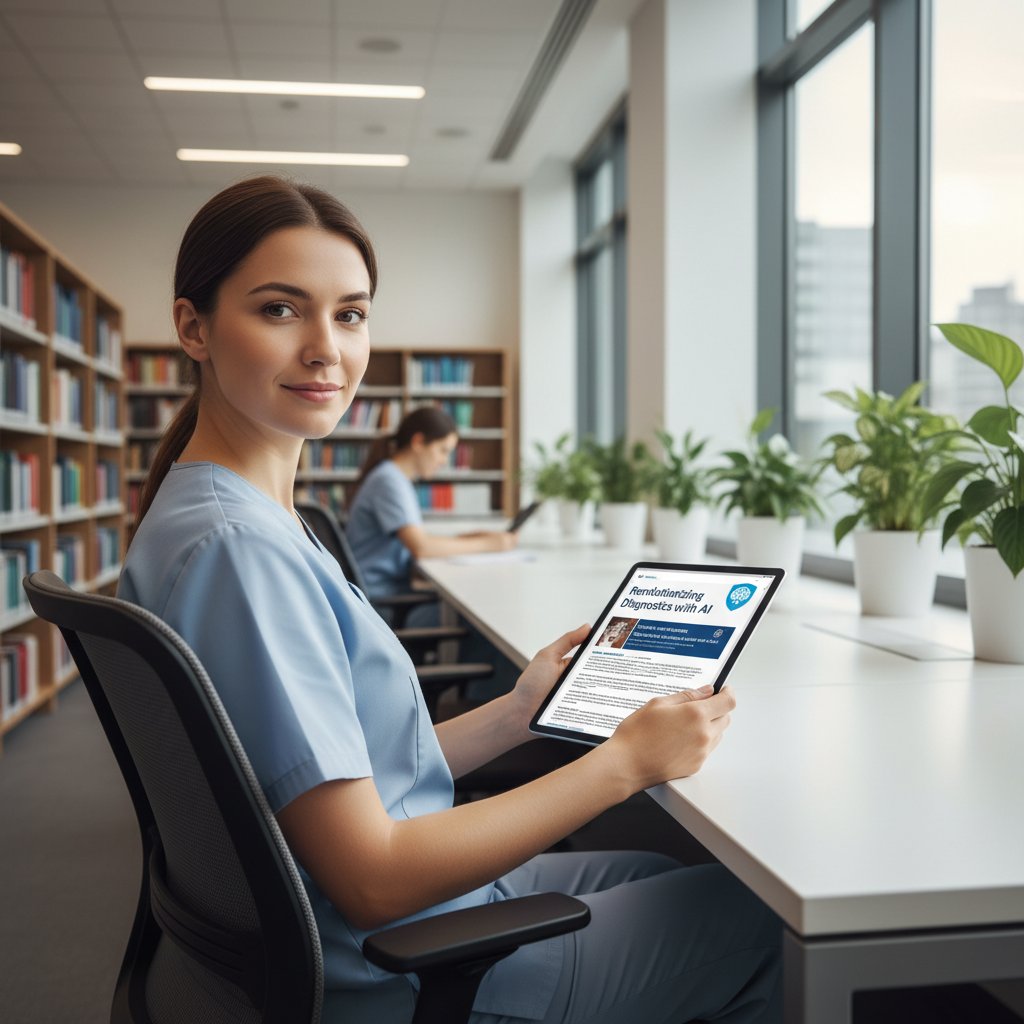 Osoba czytająca artykuł medyczny na tablecie, widoczne logo medyk.ai, spokojna mimika, jasne wnętrze