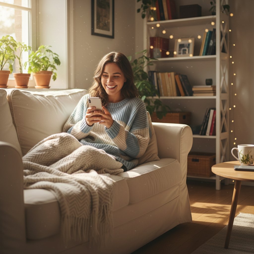 Osoba przeglądająca wiadomości z uśmiechem na twarzy, domowa atmosfera, pozytywne emocje