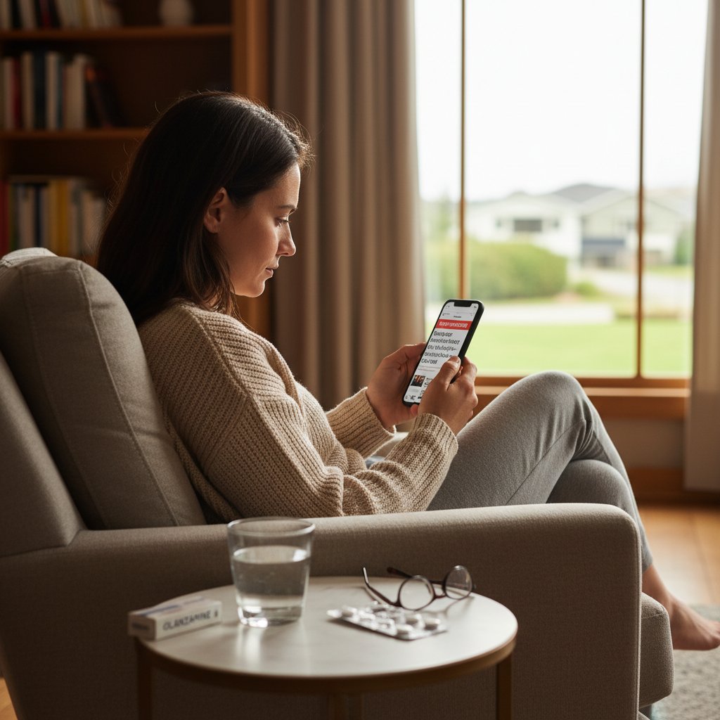 Człowiek czytający internetowe wiadomości na telefonie z nagłówkiem o olanzapinie