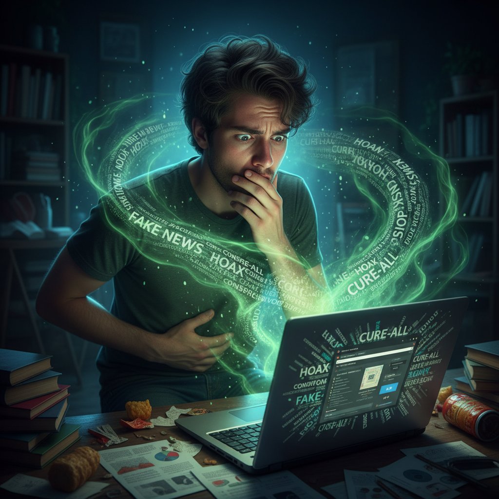 Osoba czytająca forum internetowe, wyraźna dezorientacja, słowa kluczowe: mity, wywoływanie wymiotów, niebezpieczne porady