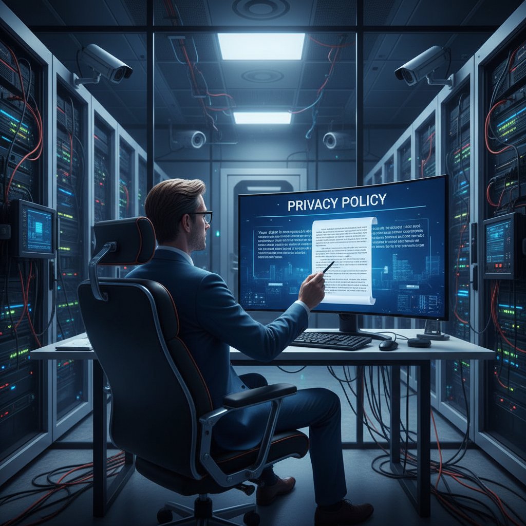 Osoba przeglądająca politykę prywatności na ekranie komputera, podświetlone klawiatura i ekran