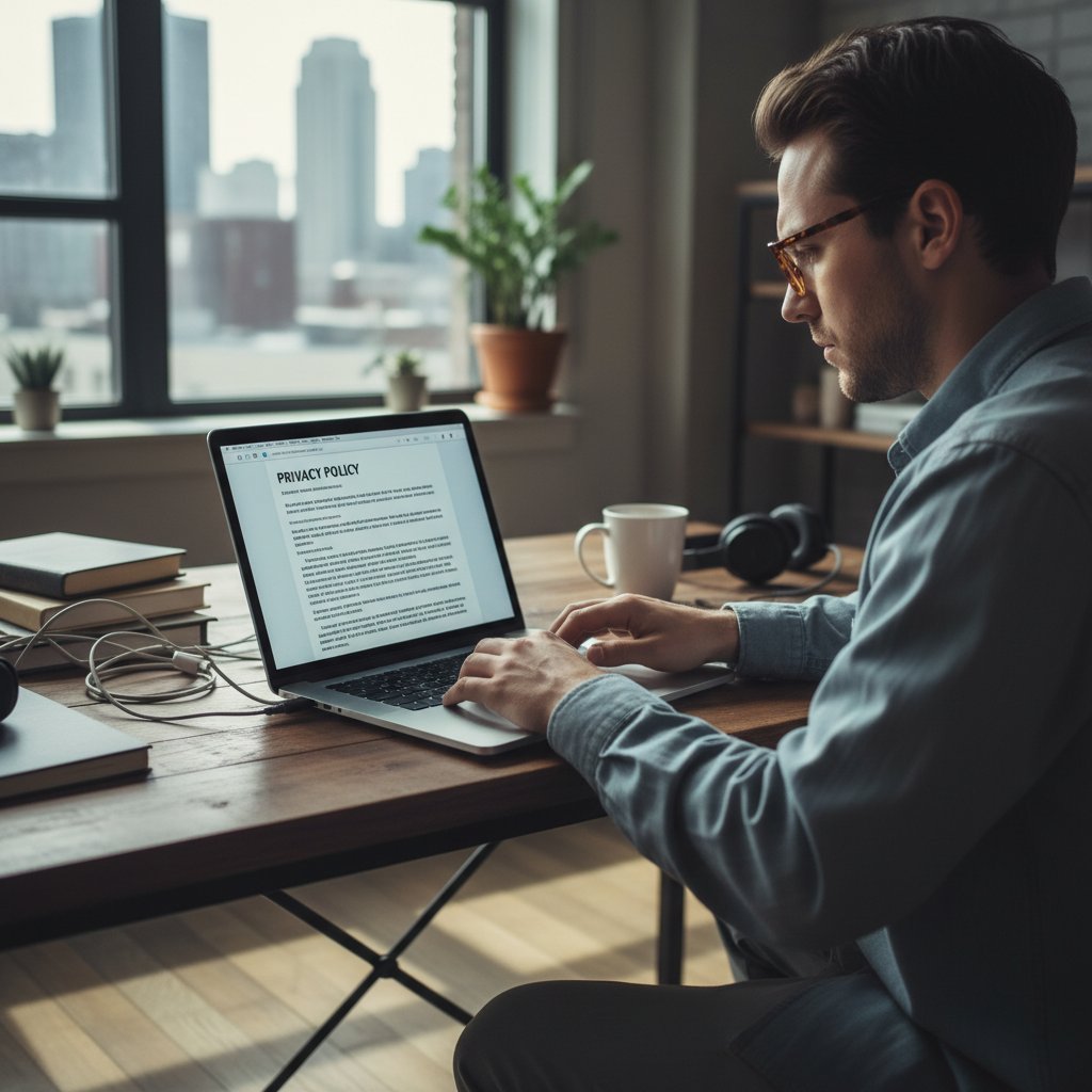 Nutzer liest aufmerksam Datenschutzbestimmungen digitaler Tools gegen Stress