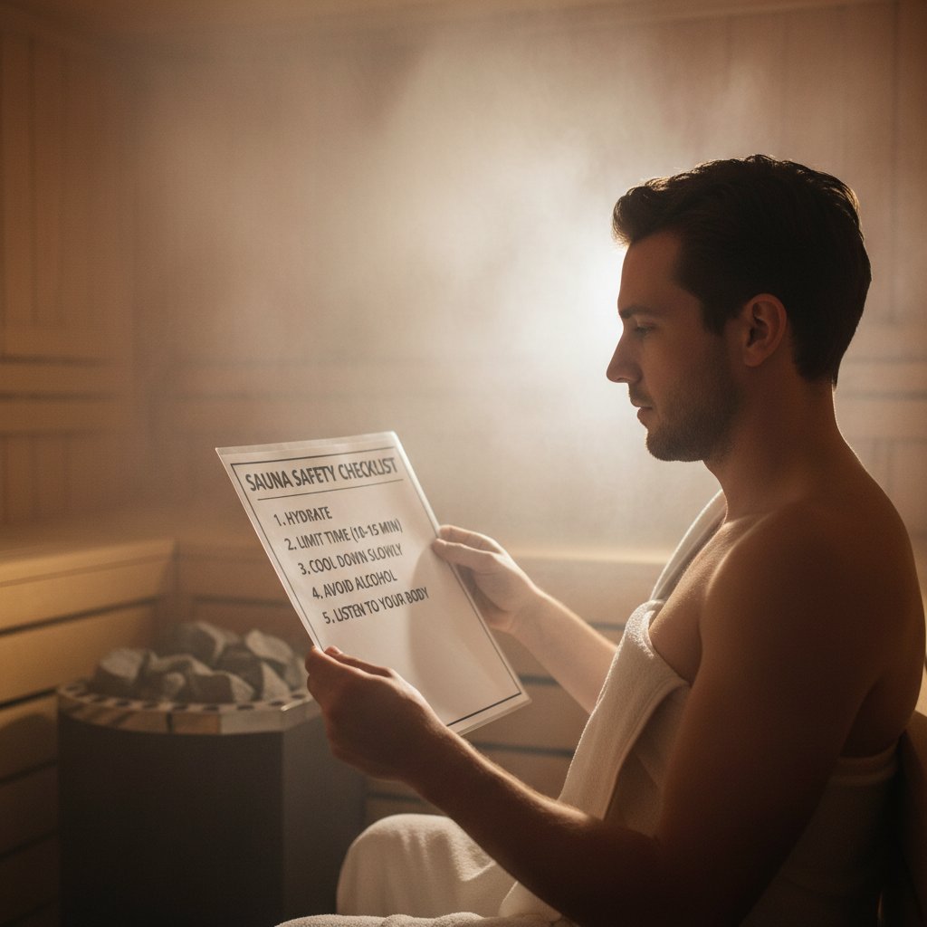 Bezpieczeństwo w saunie – użytkownik sprawdza zasady przed wejściem