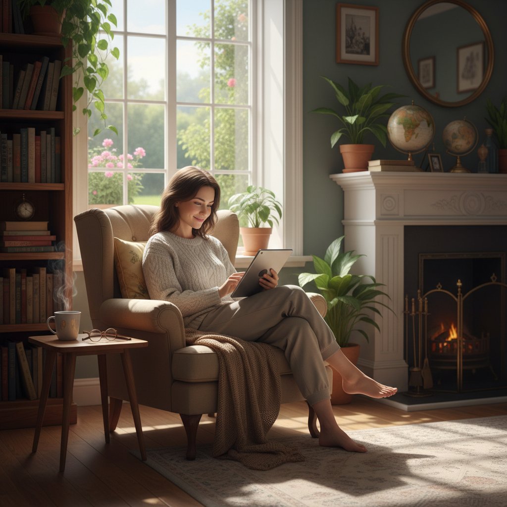 Osoba czytająca artykuł naukowy na laptopie, spokojna atmosfera domowa