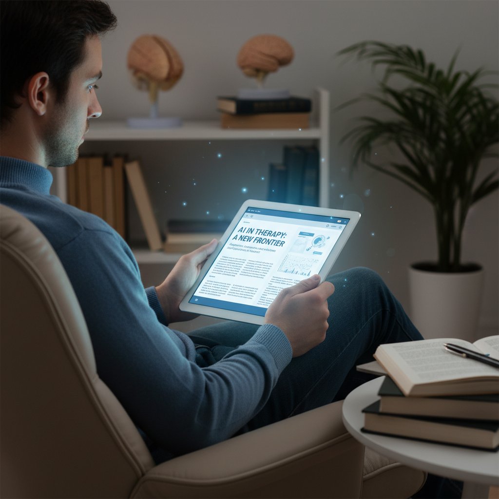 Osoba czytająca artykuły naukowe o AI w terapii na tablecie