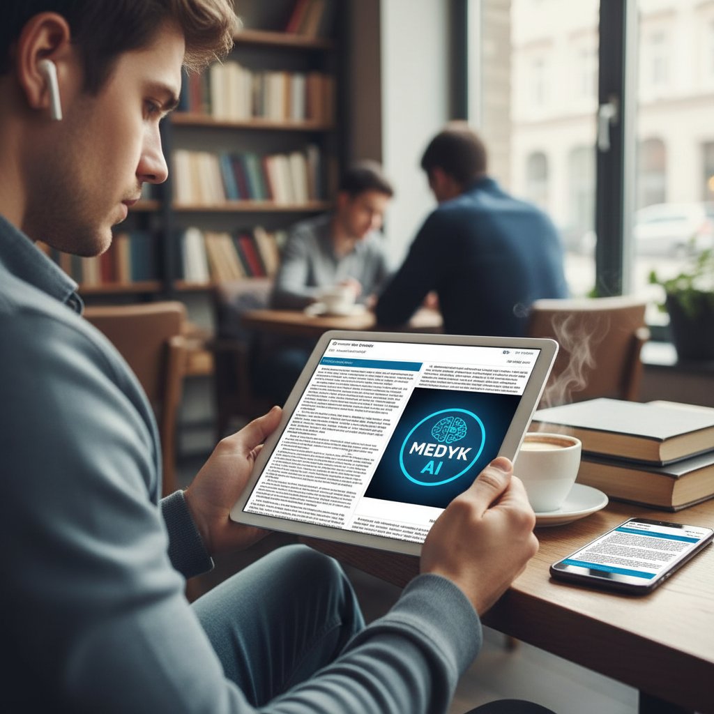 Zdjęcie osoby czytającej artykuły naukowe na tablecie i telefonie, z logo medyk.ai w tle