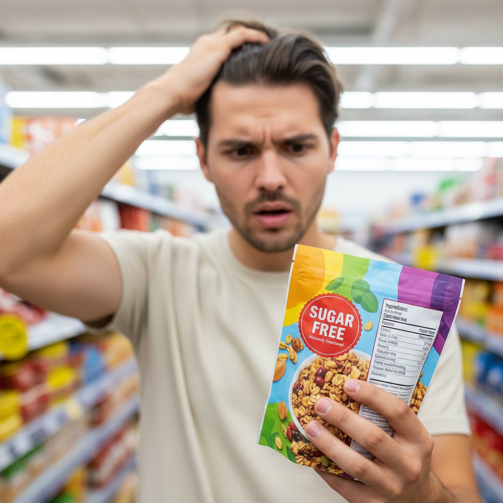 Osoba czytająca etykietę 'bez cukru' z wyrazem konsternacji na twarzy
