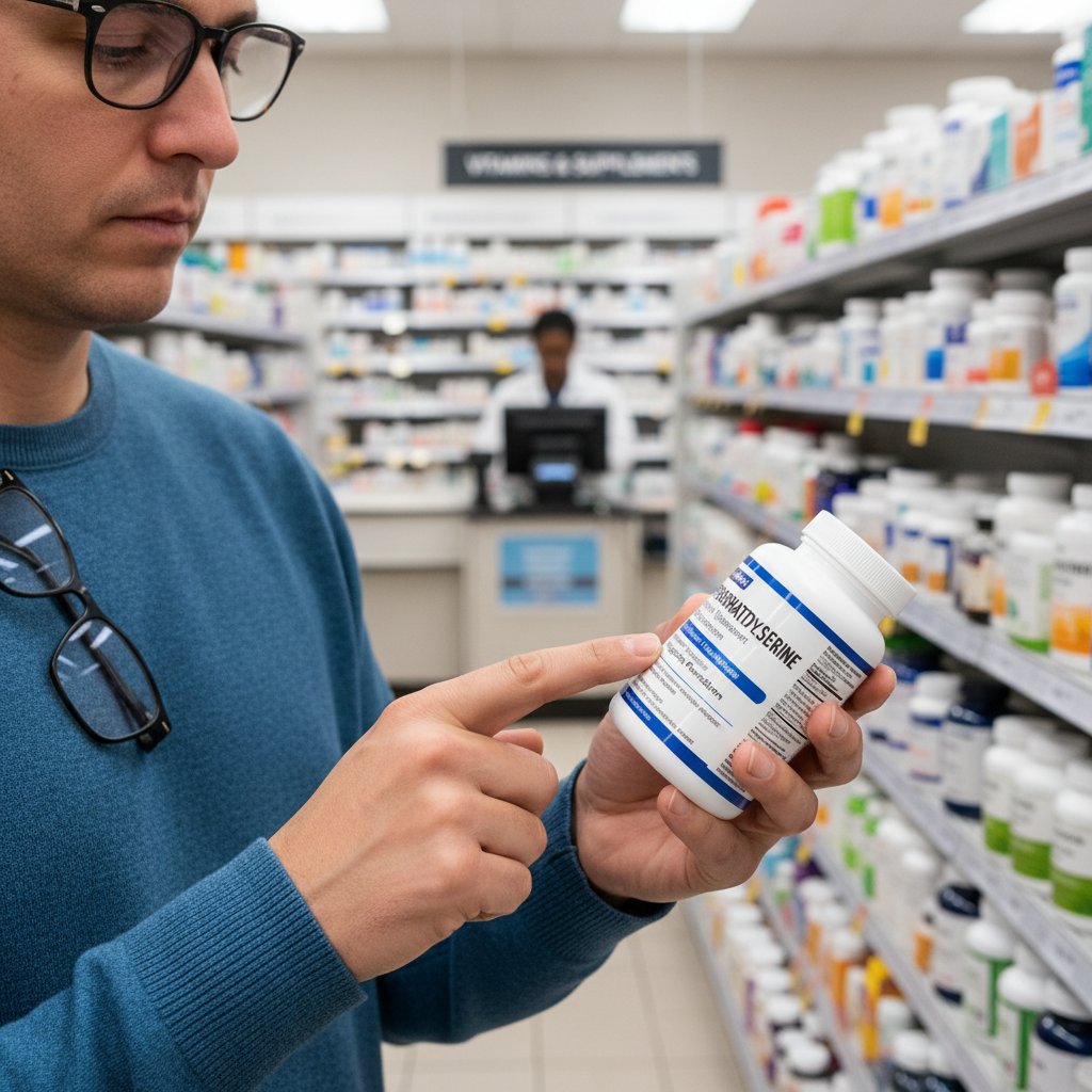 Osoba czytająca etykietę suplementu w aptece – praktyczny przewodnik po wyborze fosfatydyloseryny