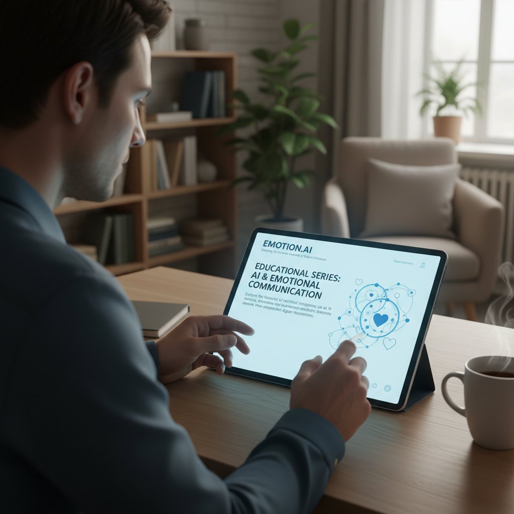 Osoba czytająca artykuł na stronie internetowej, na ekranie widoczny tekst o komunikacji emocjonalnej AI, atmosfera edukacyjna