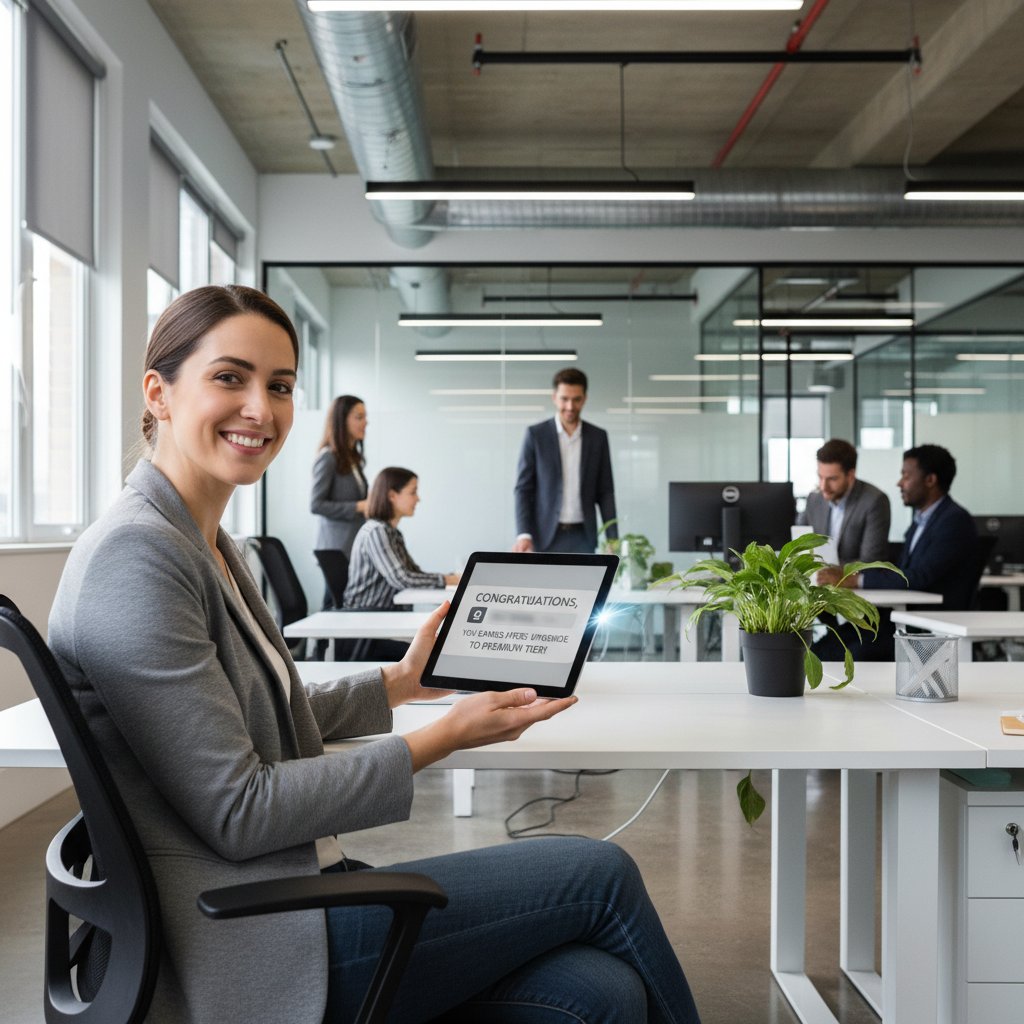 Osoba korzystająca ze smartfona otrzymuje spersonalizowane powiadomienie o promocji od chatbota, nowoczesne biuro, wieczór