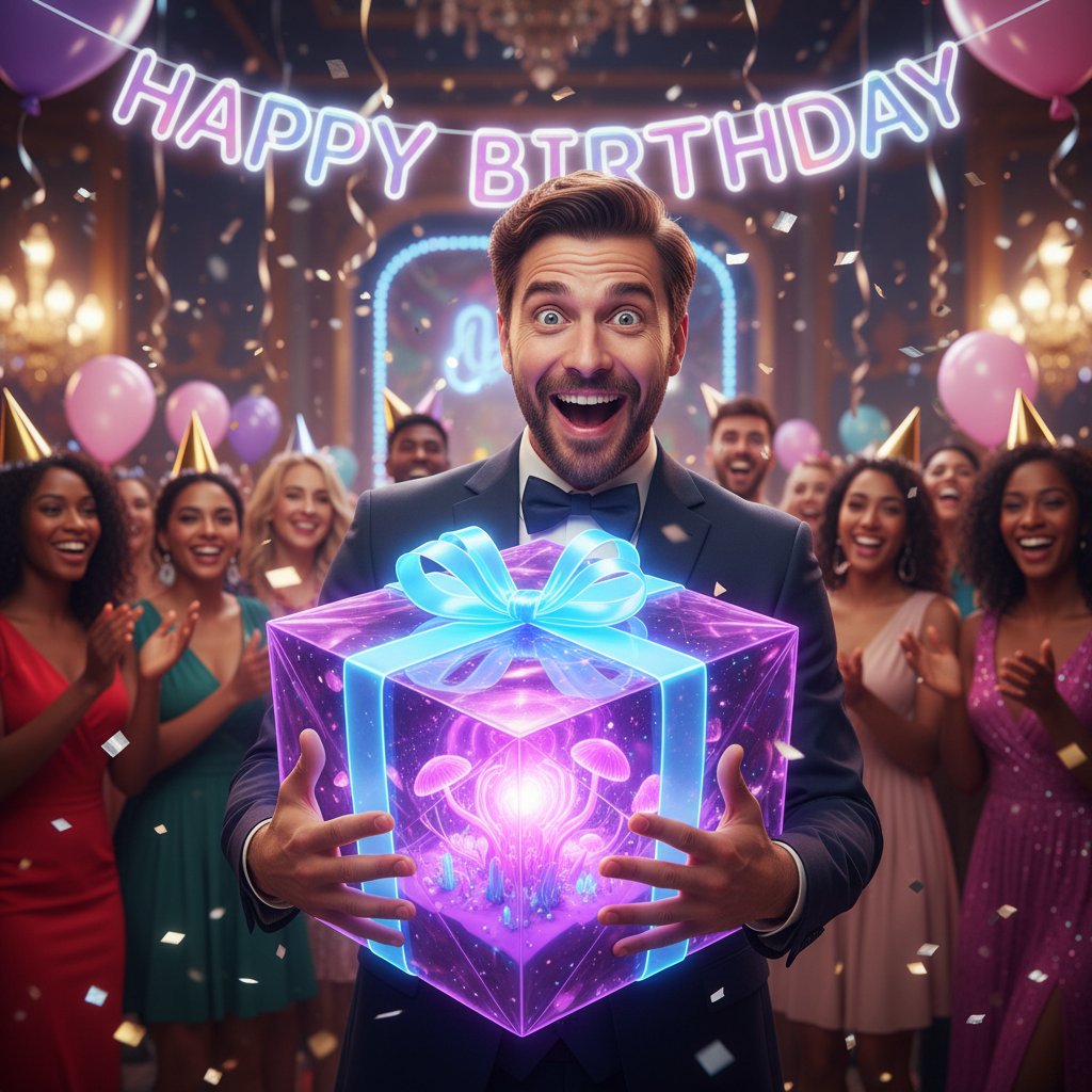 Osoba otrzymująca zaskakujący, nietypowy prezent podczas przyjęcia, z widocznym wyrazem szczerego zaskoczenia i radości