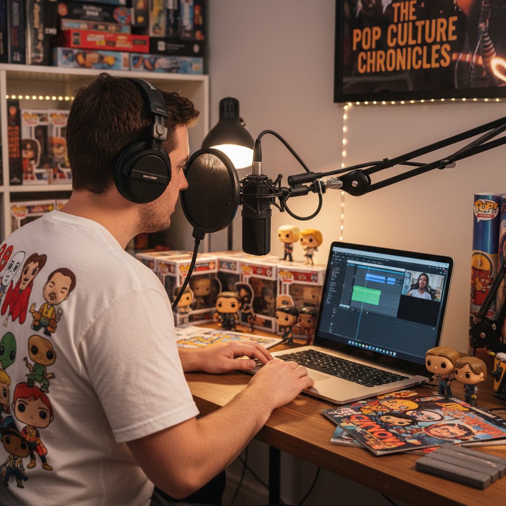 Osoba nagrywająca podcast o popkulturze, mikrofon i laptop na biurku, klimatyczne światło