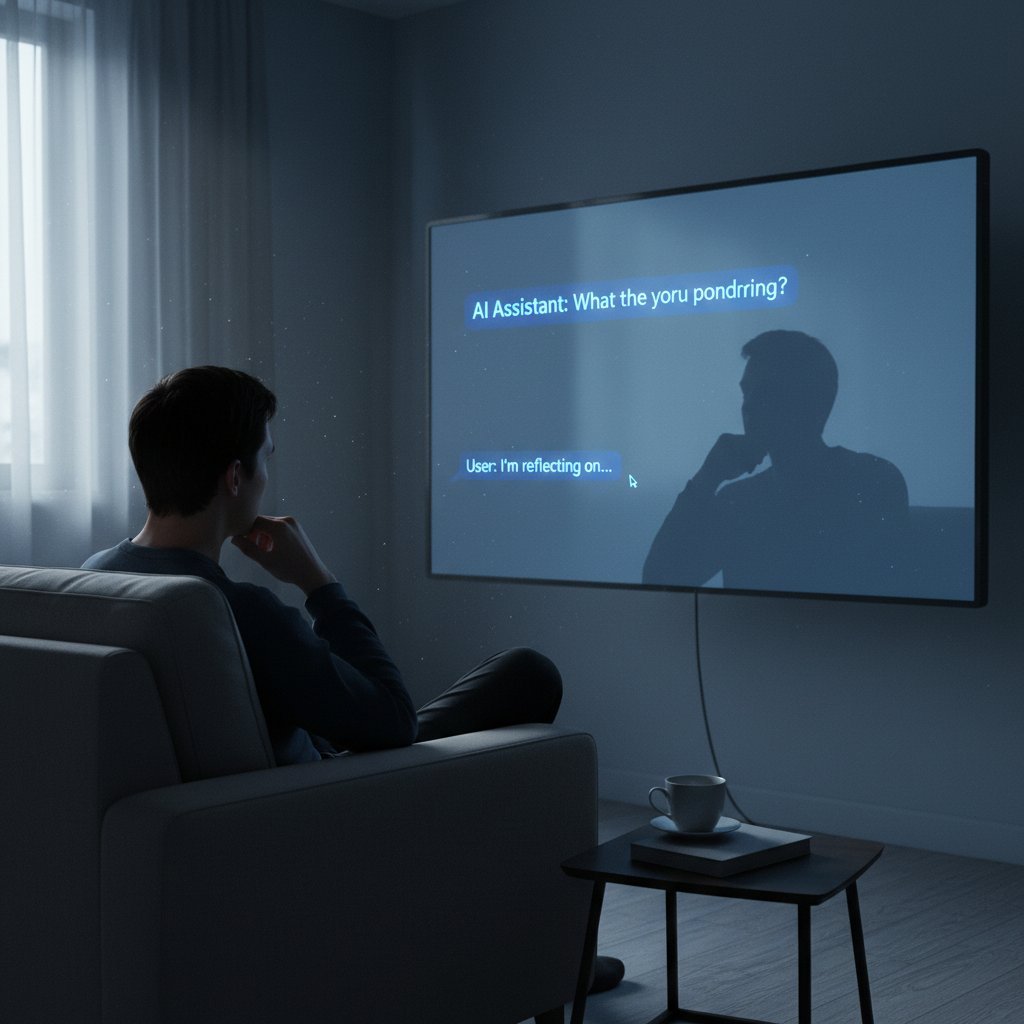 Osoba rozmawiająca z AI w cichym pokoju, atmosfera refleksji nad technologią i emocjami