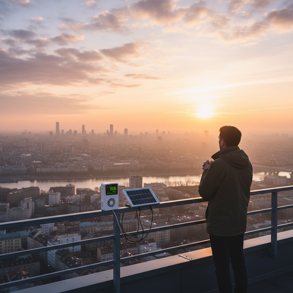 Individual reflecting on air quality with monitor at dawn