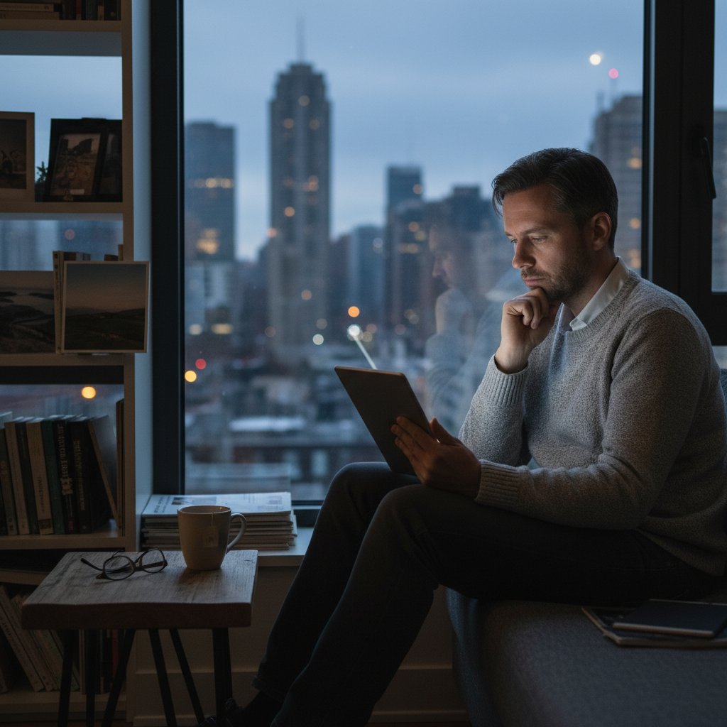 Person reflecting while reading news, thoughtful mood, soft lighting